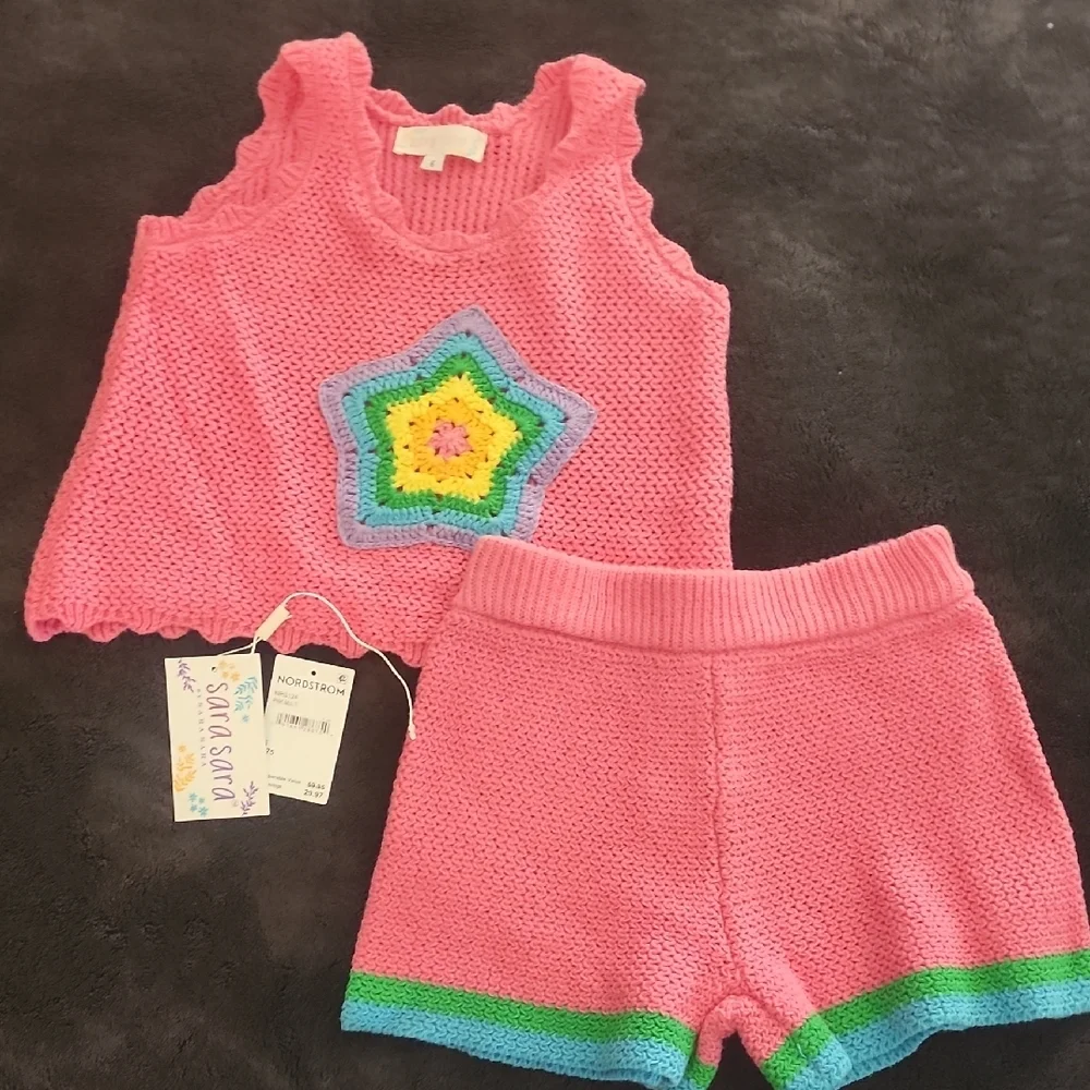 Sara Sara Pink Knit Star Crochet Accent Kids Matching Set